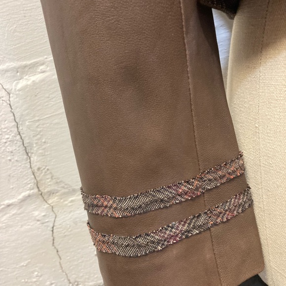 BCBGMAXAZRIA Women’s Brown Leather Crop Military Jacket with Plaid Detailing. - Picture 10 of 11